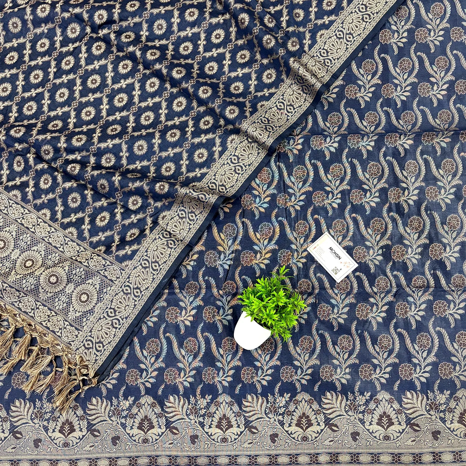 Navy Blue Yoga Jaal Cotton Silk Banarasi Suit