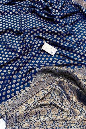 Navy Blue Zari Georgette Silk Banarasi Saree