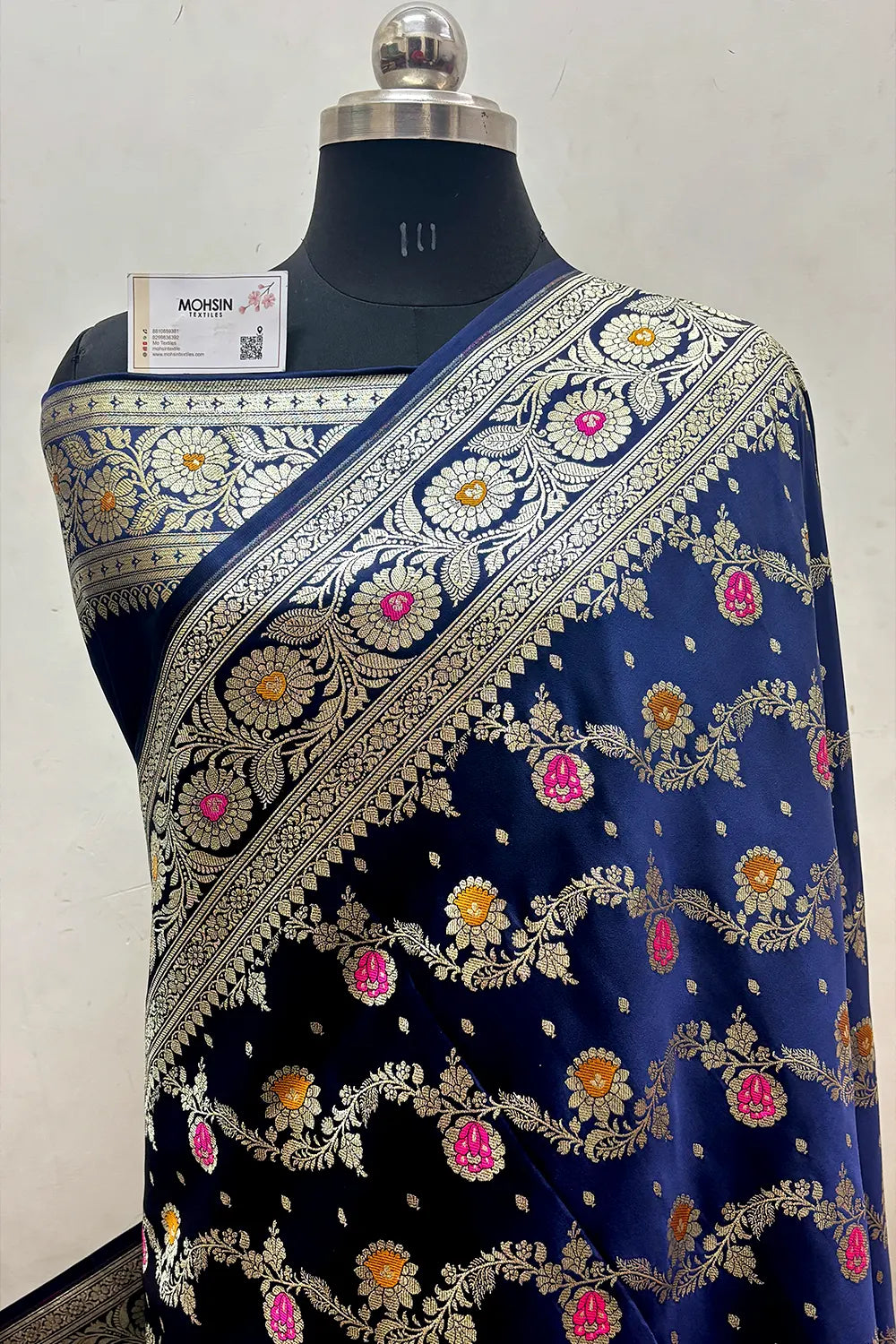 Navy Blue Zari Hand Brush Katan Satin Silk Banarasi Saree
