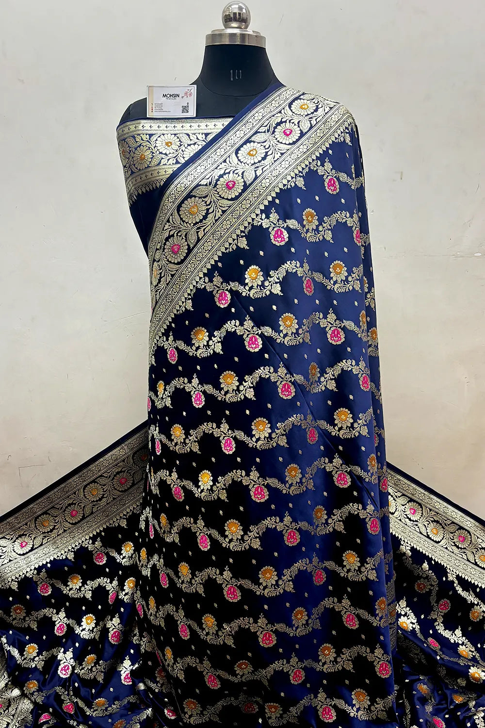 Navy Blue Zari Hand Brush Katan Satin Silk Banarasi Saree