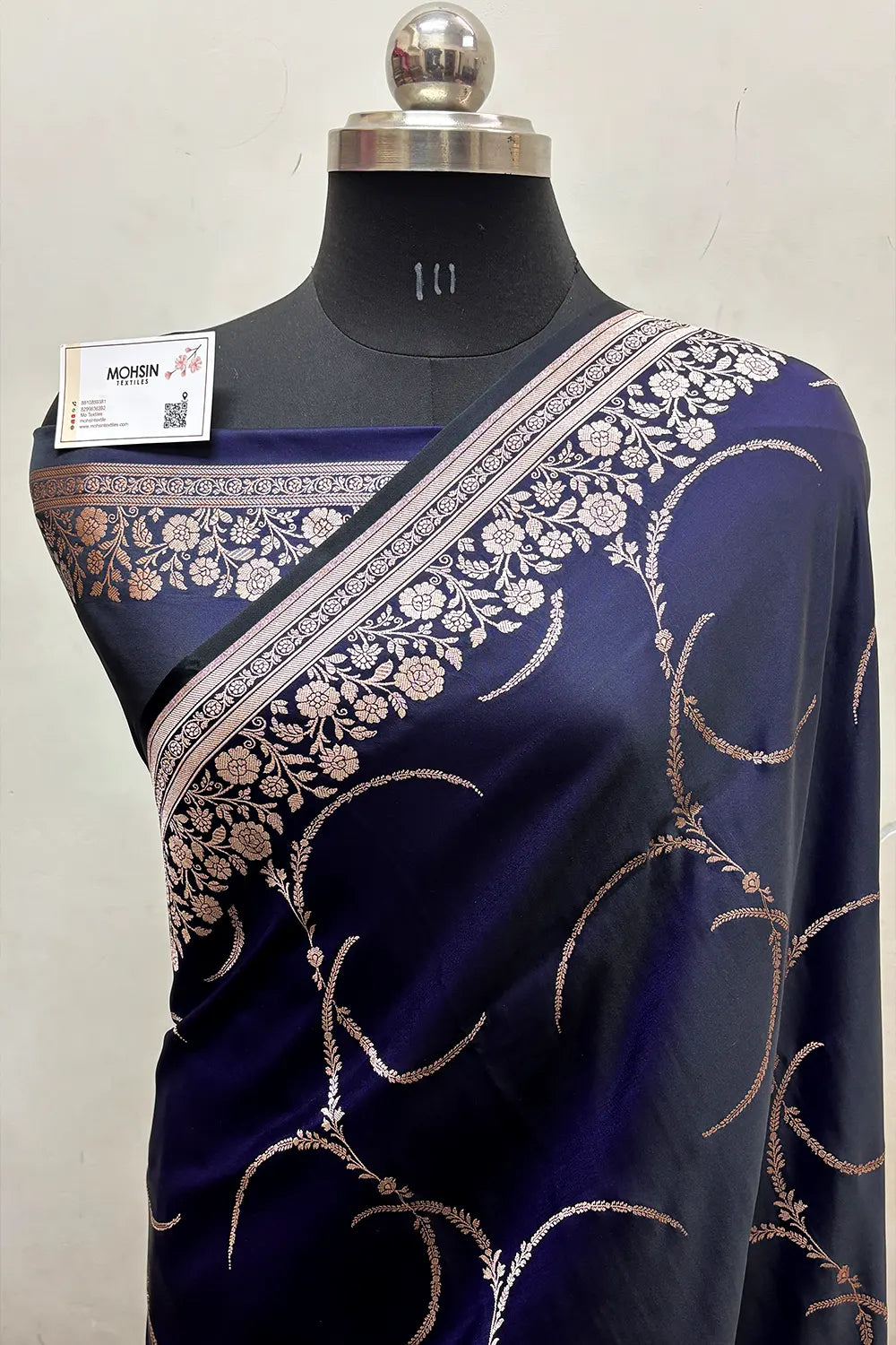 Navy Blue Zari Katan Mashru Silk Banarasi Saree
