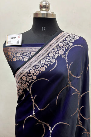 Navy Blue Zari Katan Mashru Silk Banarasi Saree