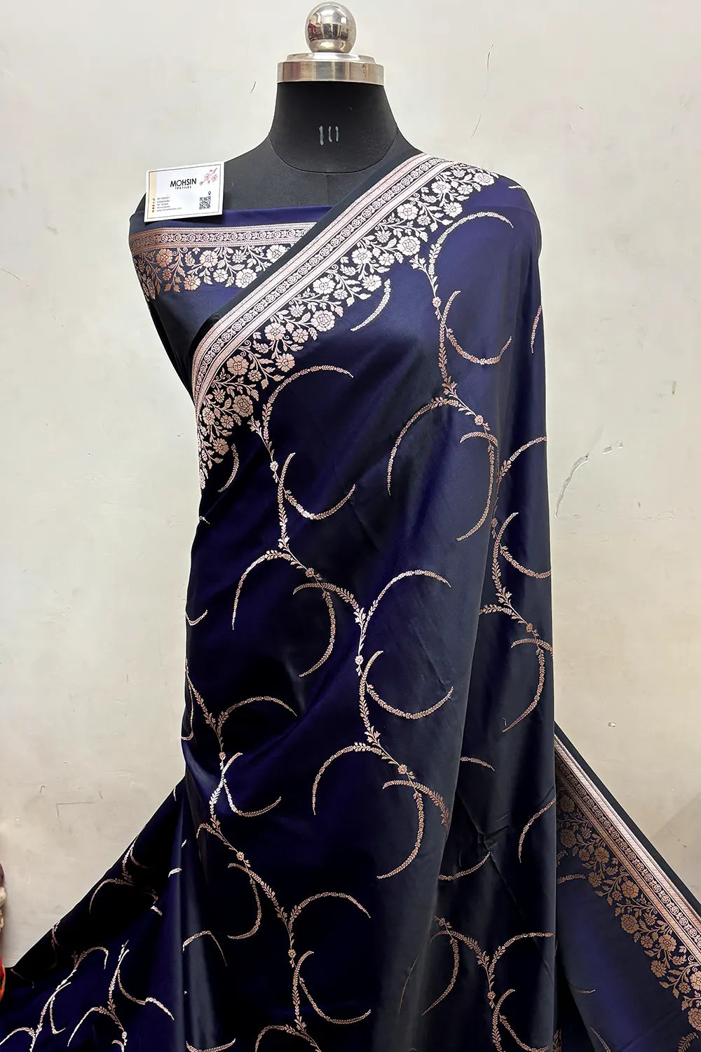 Navy Blue Zari Katan Mashru Silk Banarasi Saree