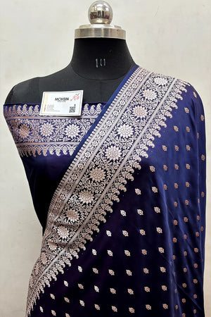 Navy Blue Zari Katan Mashru Silk Banarasi Saree