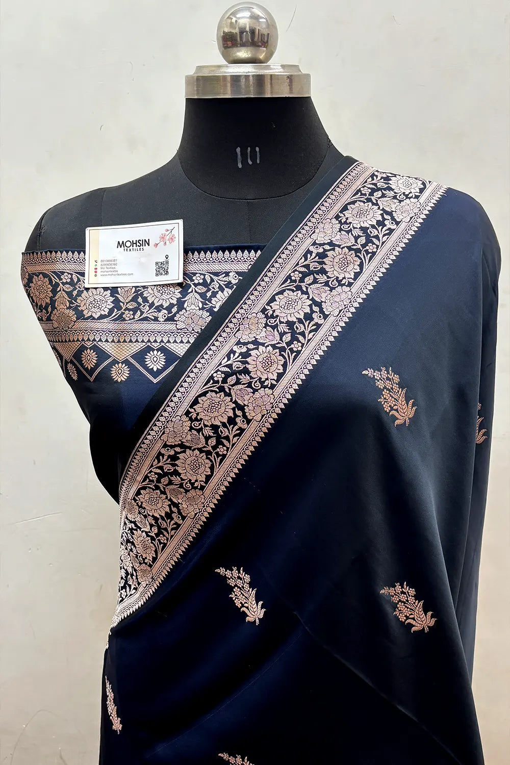 Navy Blue Zari Katan Mashru Silk Banarasi Saree