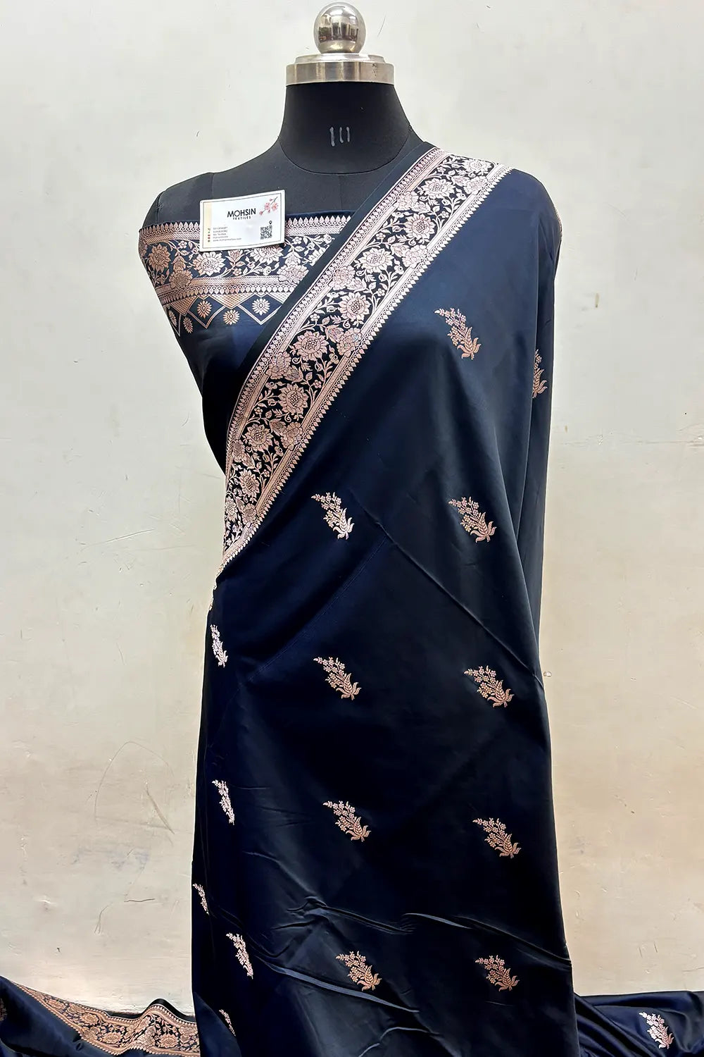 Navy Blue Zari Katan Mashru Silk Banarasi Saree