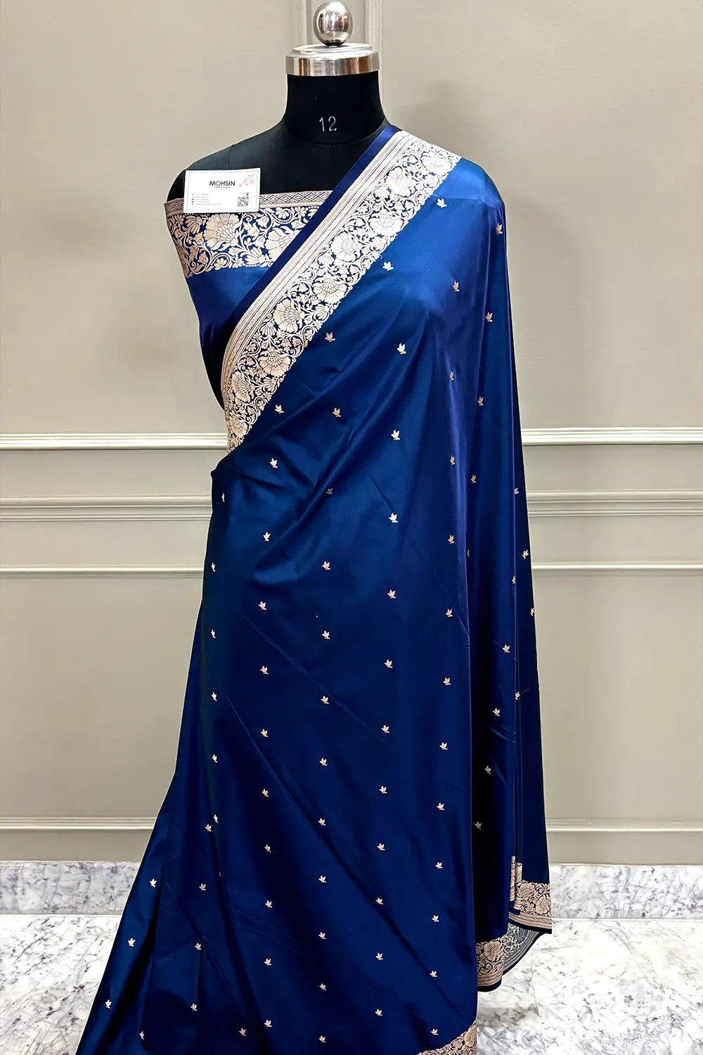 Navy Blue Zari Katan Mashru Silk Banarasi Saree