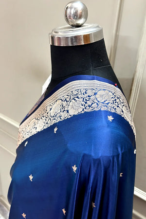 Navy Blue Zari Katan Mashru Silk Banarasi Saree