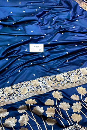 Navy Blue Zari Katan Mashru Silk Banarasi Saree