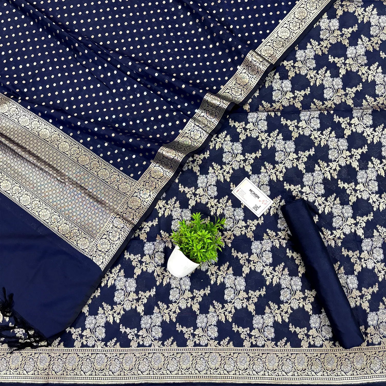Navy Blue Zari Katan Silk Banarasi Suit