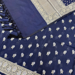 Navy Blue Zari Katan Silk Banarasi Suit
