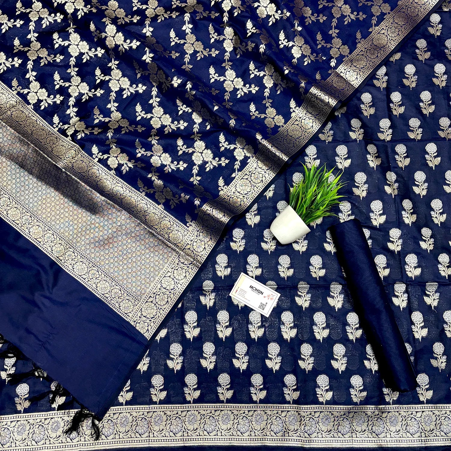 Navy Blue Zari Katan Silk Banarasi Suit