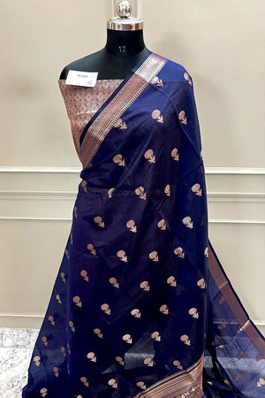 Navy Blue Zari Resham Banarasi Silk Saree