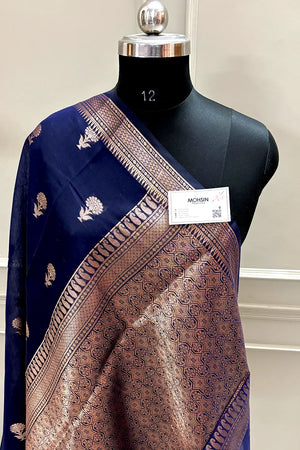 Navy Blue Zari Resham Banarasi Silk Saree