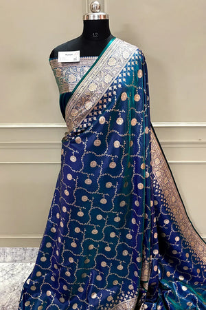 Navy Teal Zari Katan Silk Banarasi Saree