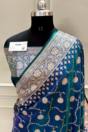 Navy Teal Zari Katan Silk Banarasi Saree