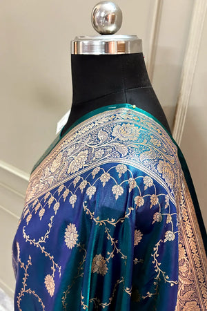 Navy Teal Zari Katan Silk Banarasi Saree