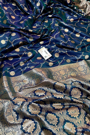 Navy Teal Zari Katan Silk Banarasi Saree