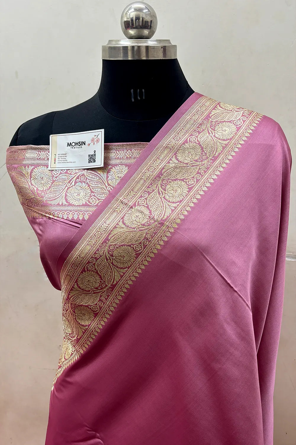 Onion Pink Royal Plain Katan Satin Silk Banarasi Saree