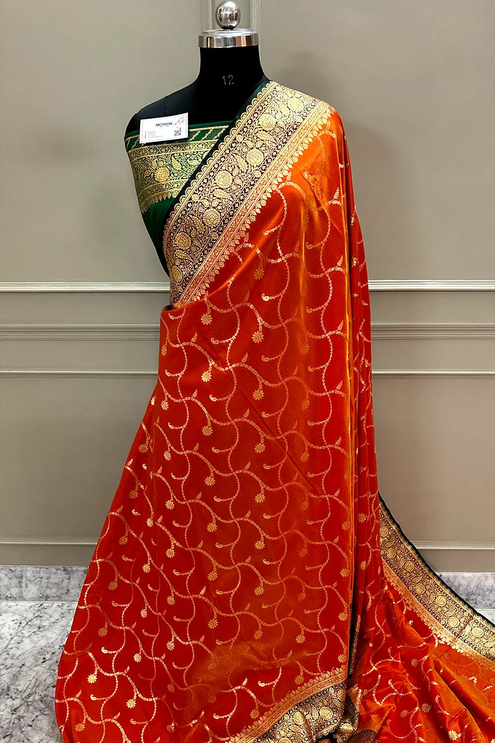 Orange and Bottle Green Zari Katan Silk Banarasi Saree