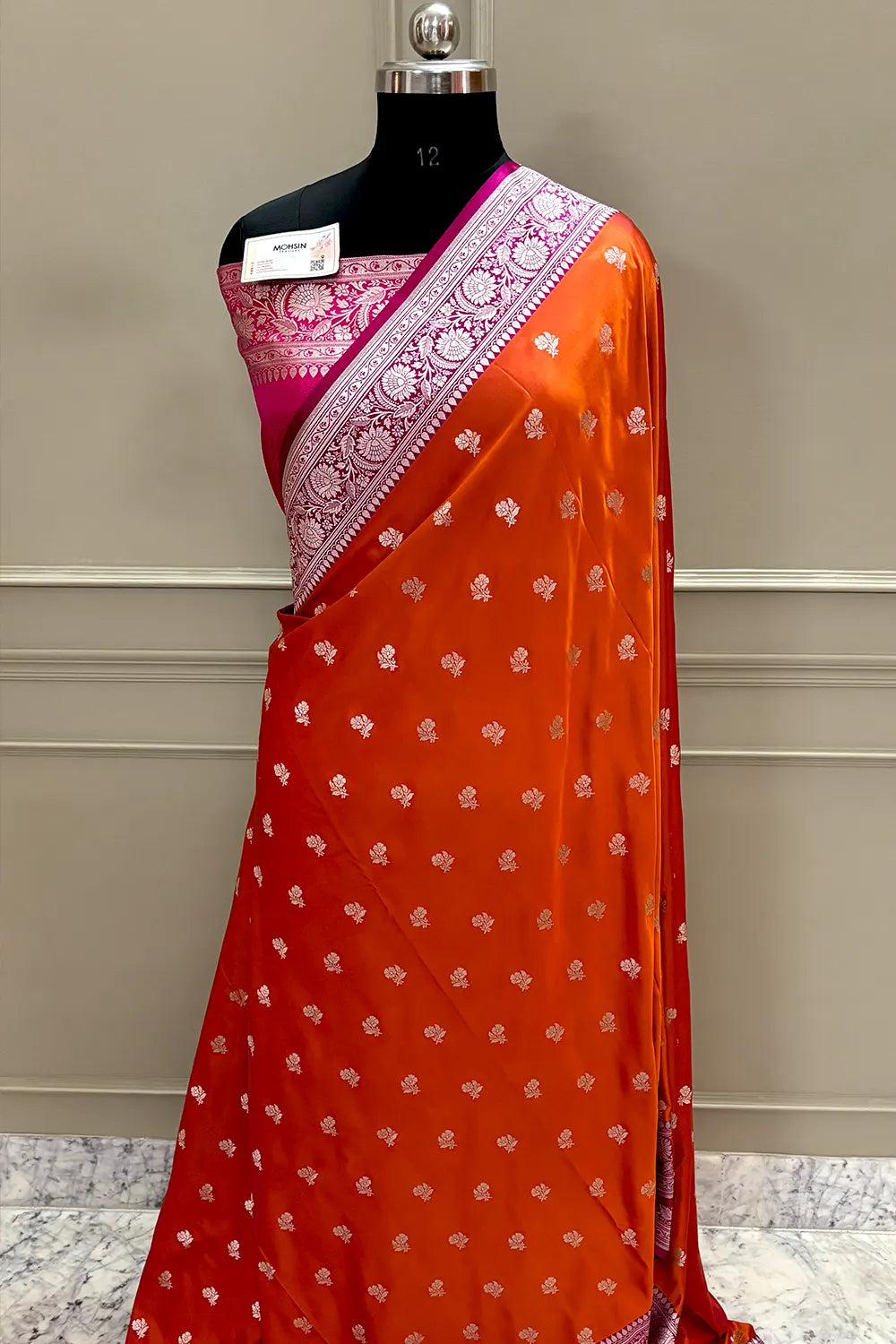 Orange and Pink Chaman Buti Katan Silk Banarasi Saree