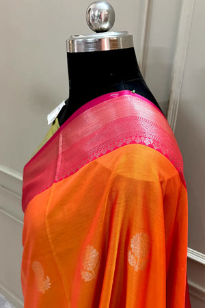 Orange and Pink Golden Zari Banarasi Silk Saree