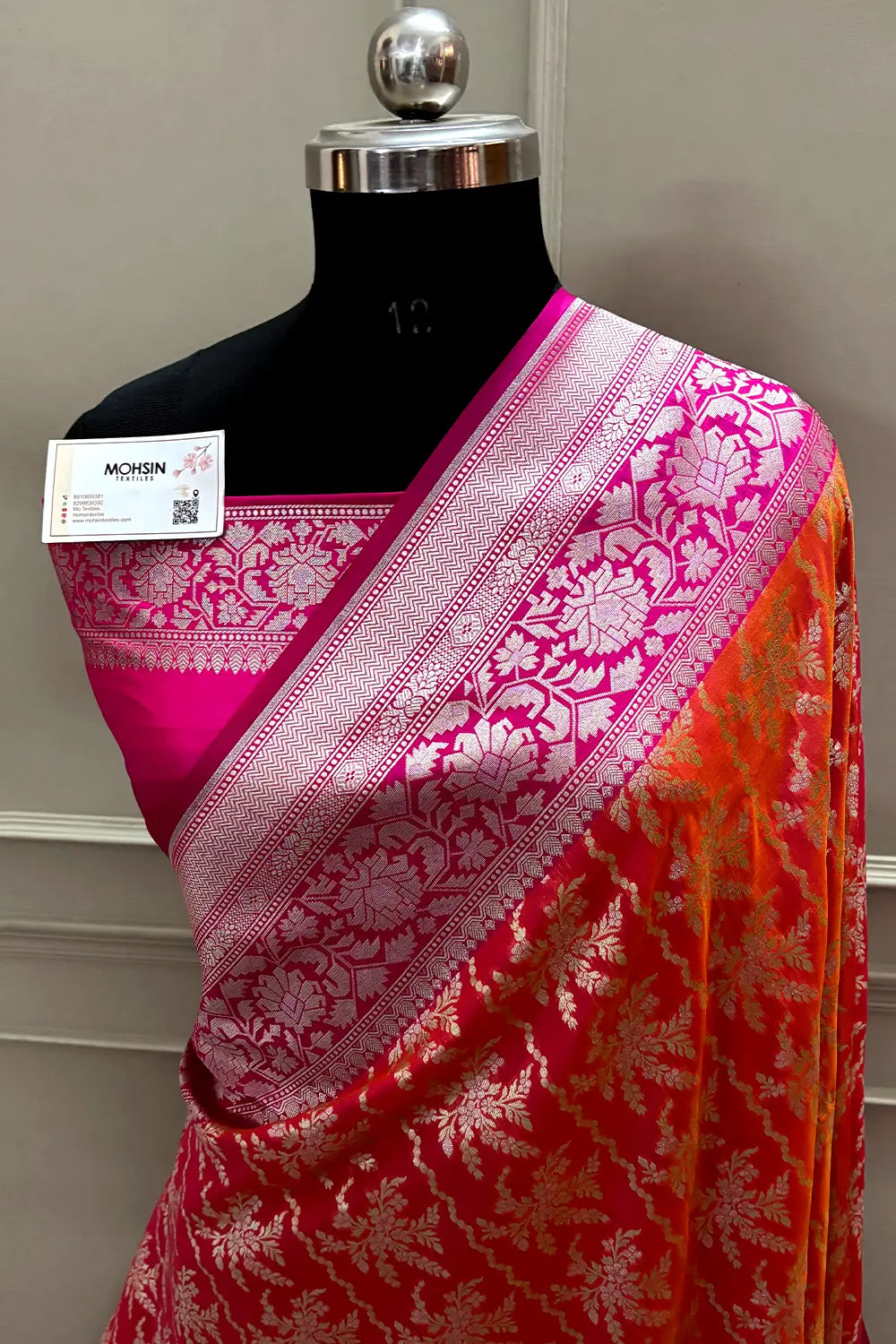 Orange and Pink Zari Katan Silk Banarasi Saree