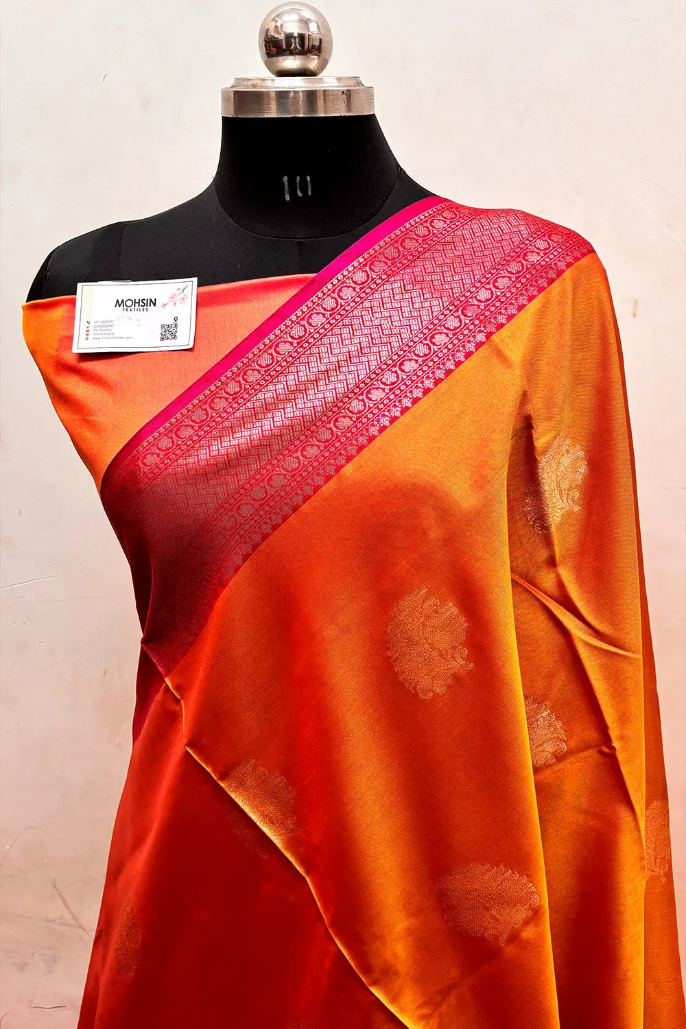 Orange and Pink Zari Semi Katan Silk Banarasi Saree