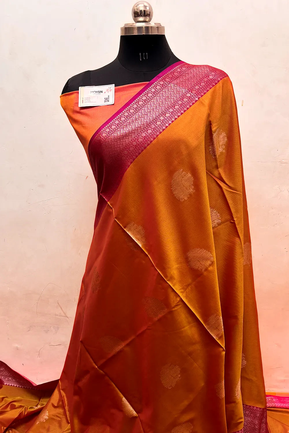 Orange and Pink Zari Semi Katan Silk Banarasi Saree