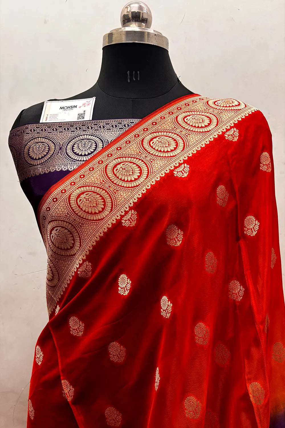 Orange and Purple Zari Viscose Georgette Silk Banarasi Saree