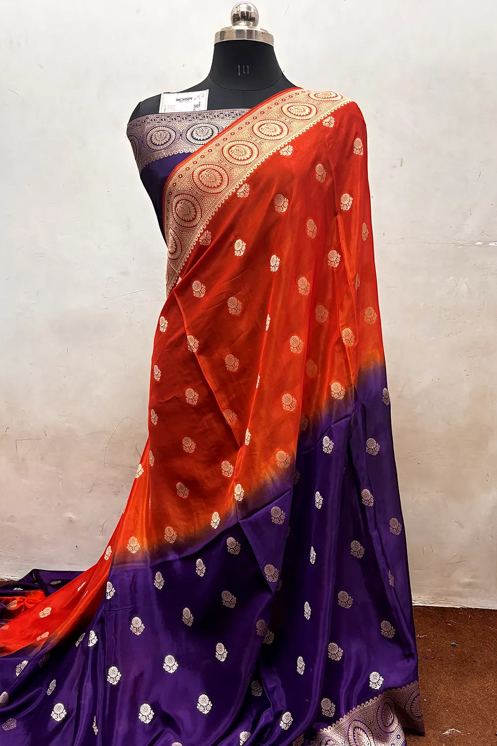 Orange and Purple Zari Viscose Georgette Silk Banarasi Saree