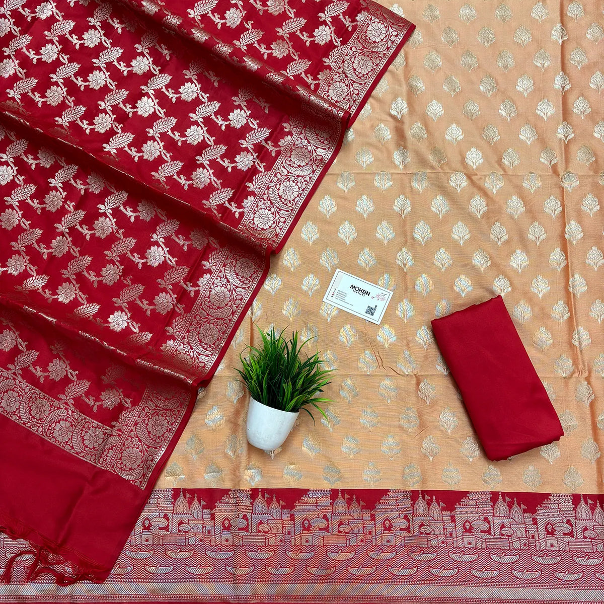 Orange and Red Ghat Buti Semi Katan Silk Banarasi Suit