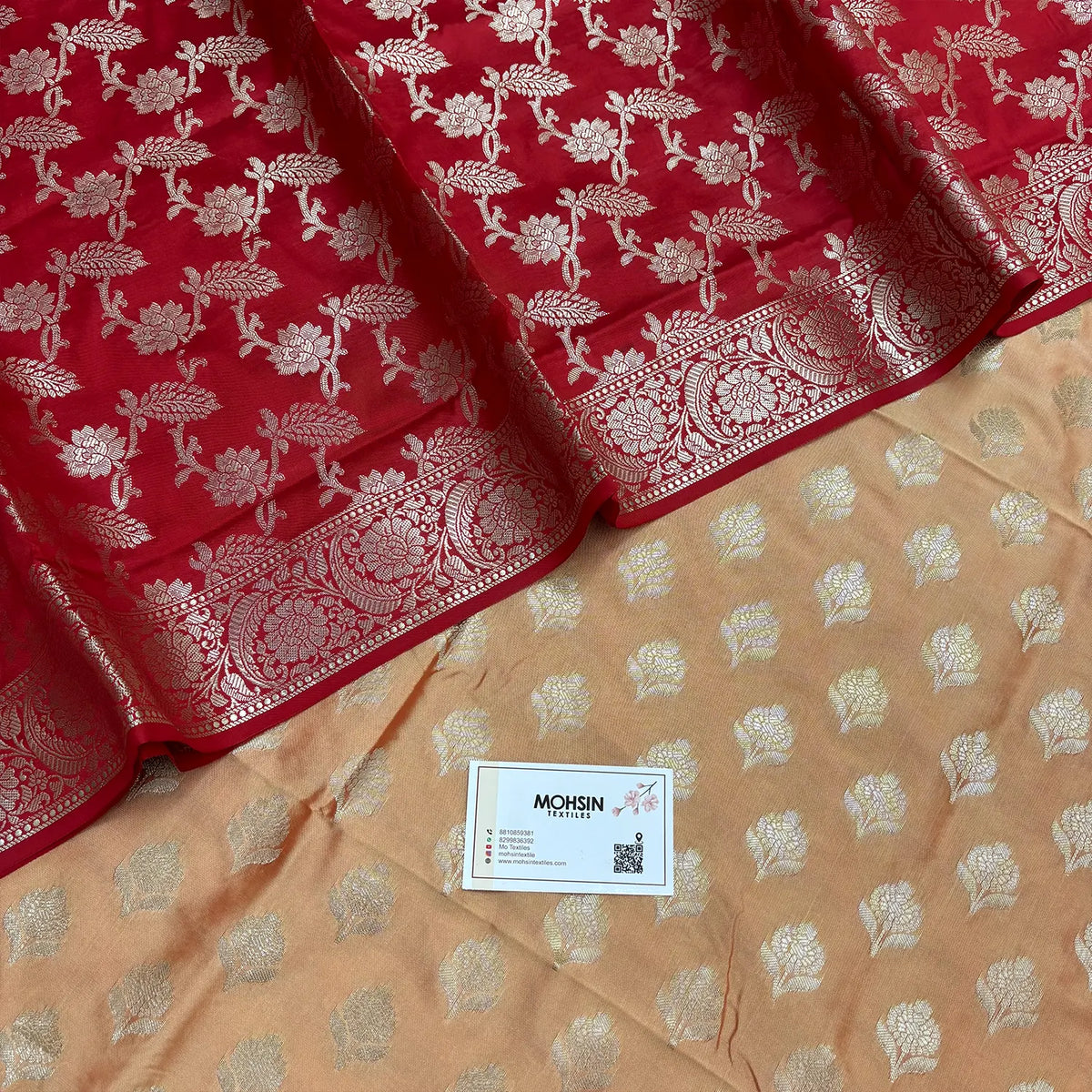 Orange and Red Ghat Buti Semi Katan Silk Banarasi Suit