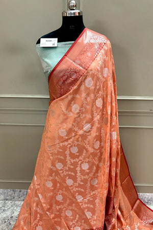 Orange and Sea Green Zari Banarasi Silk Saree