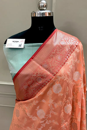 Orange and Sea Green Zari Banarasi Silk Saree