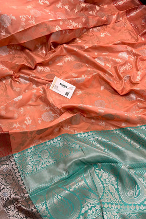 Orange and Sea Green Zari Banarasi Silk Saree