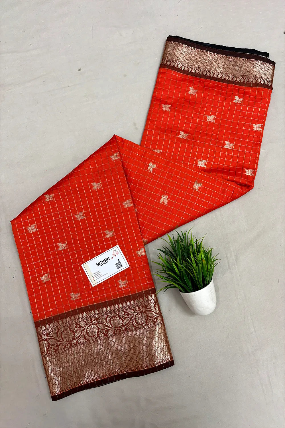 Orange and Wine Zari Semi Katan Silk Banarasi Saree