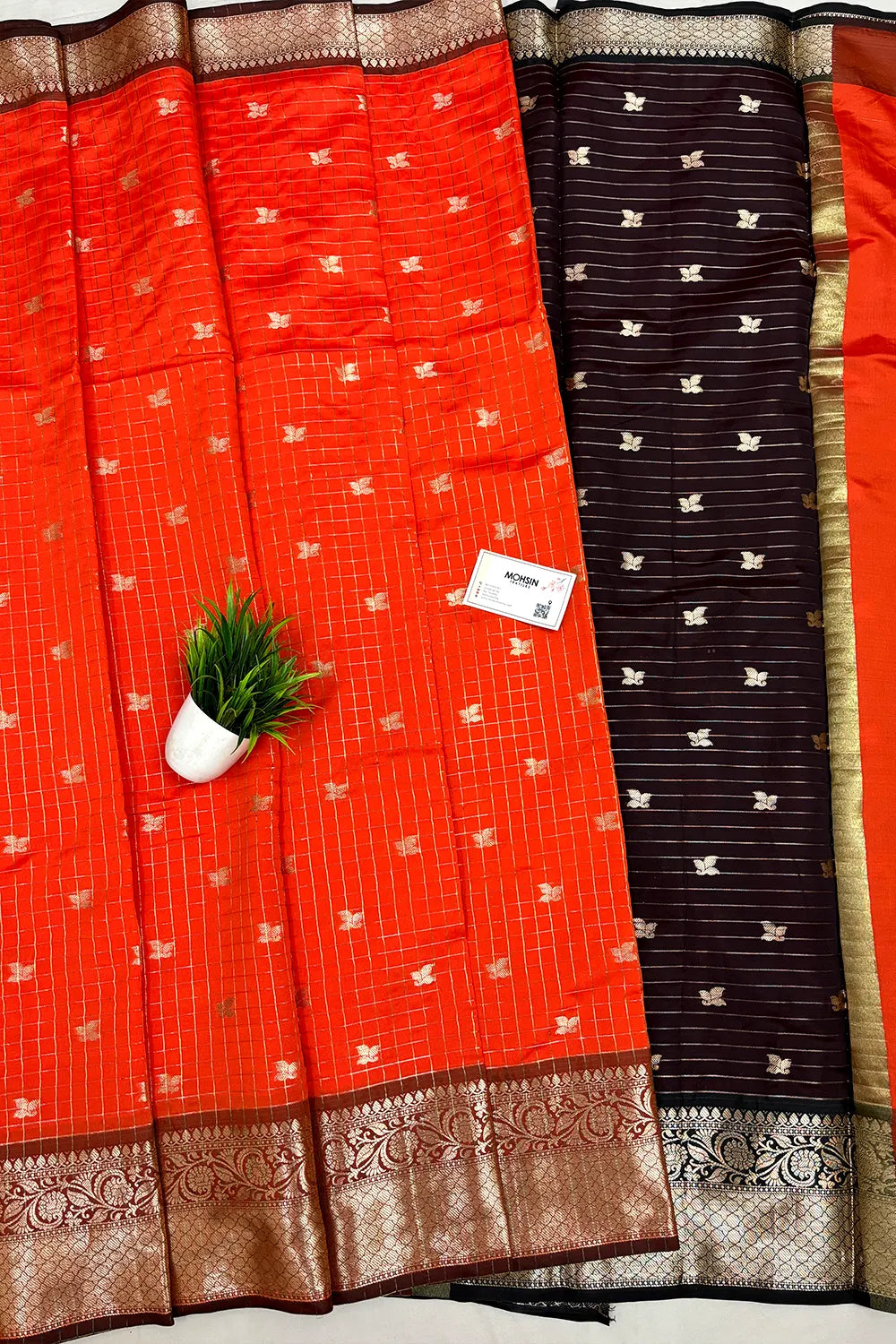 Orange and Wine Zari Semi Katan Silk Banarasi Saree