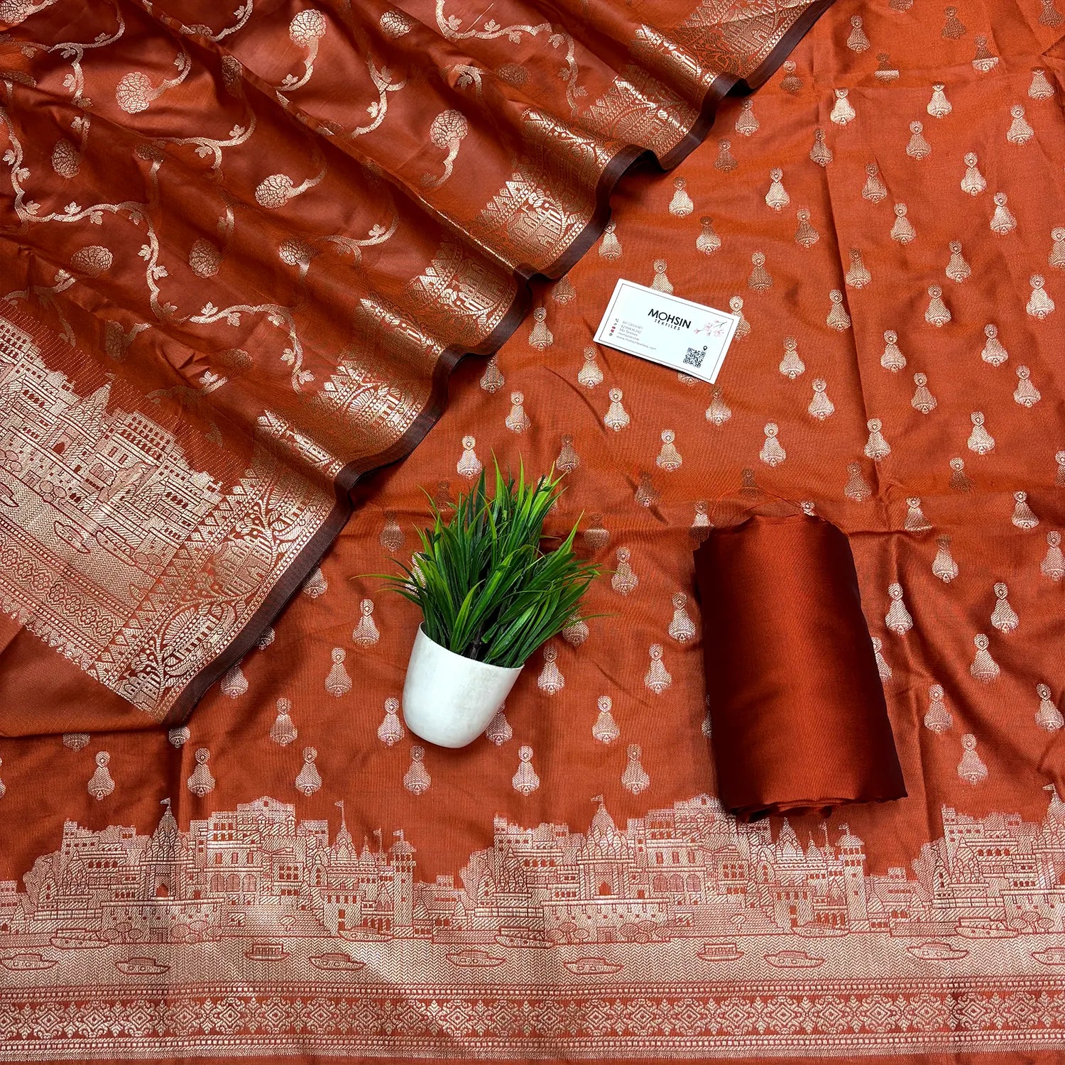 Orange Assi Ghat Aarti Semi Katan Silk Banarasi Suit