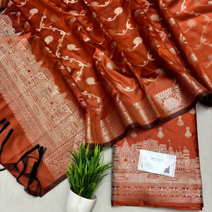 Orange Assi Ghat Aarti Semi Katan Silk Banarasi Suit