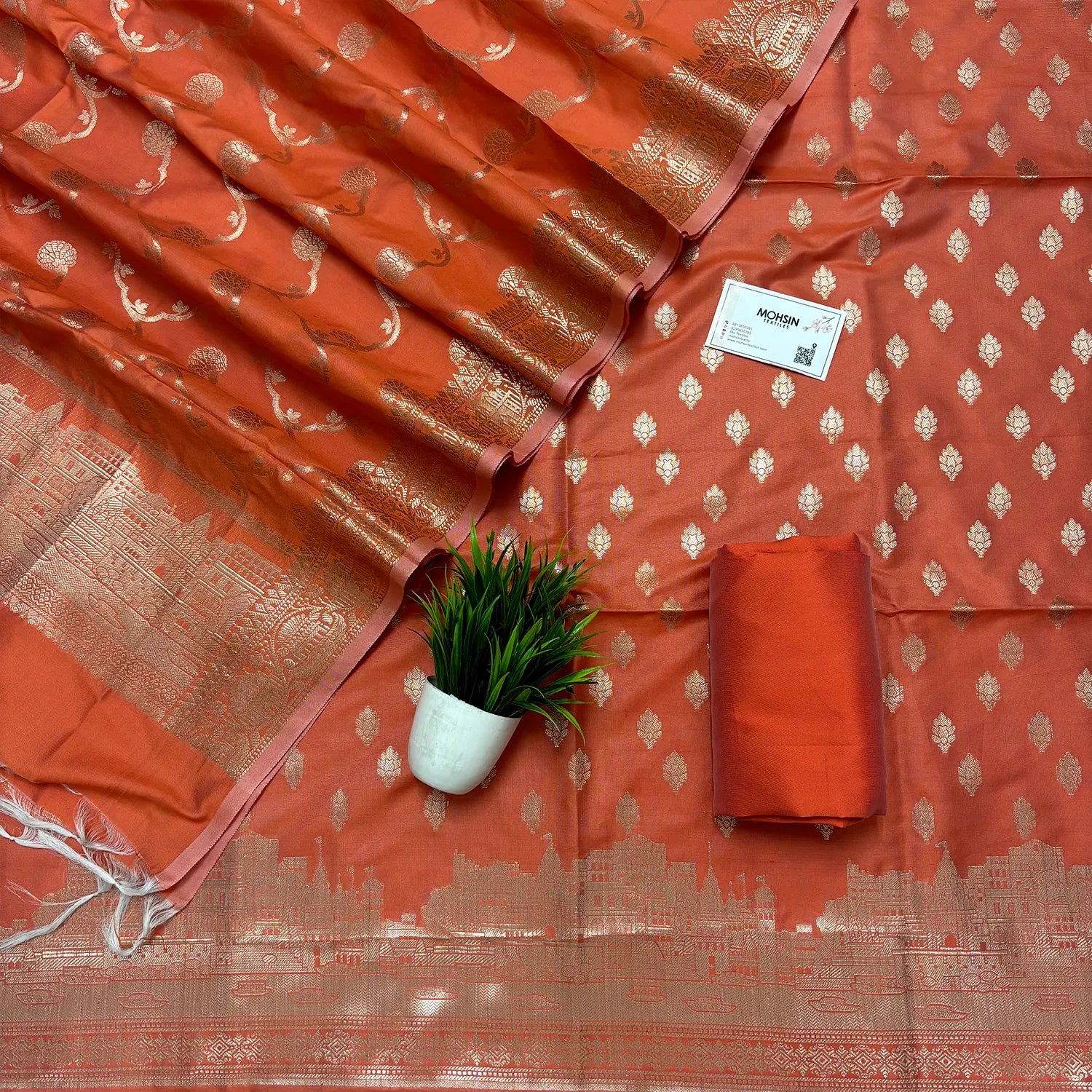 Orange Assi Ghat Mandir Semi Katan Silk Banarasi Suit