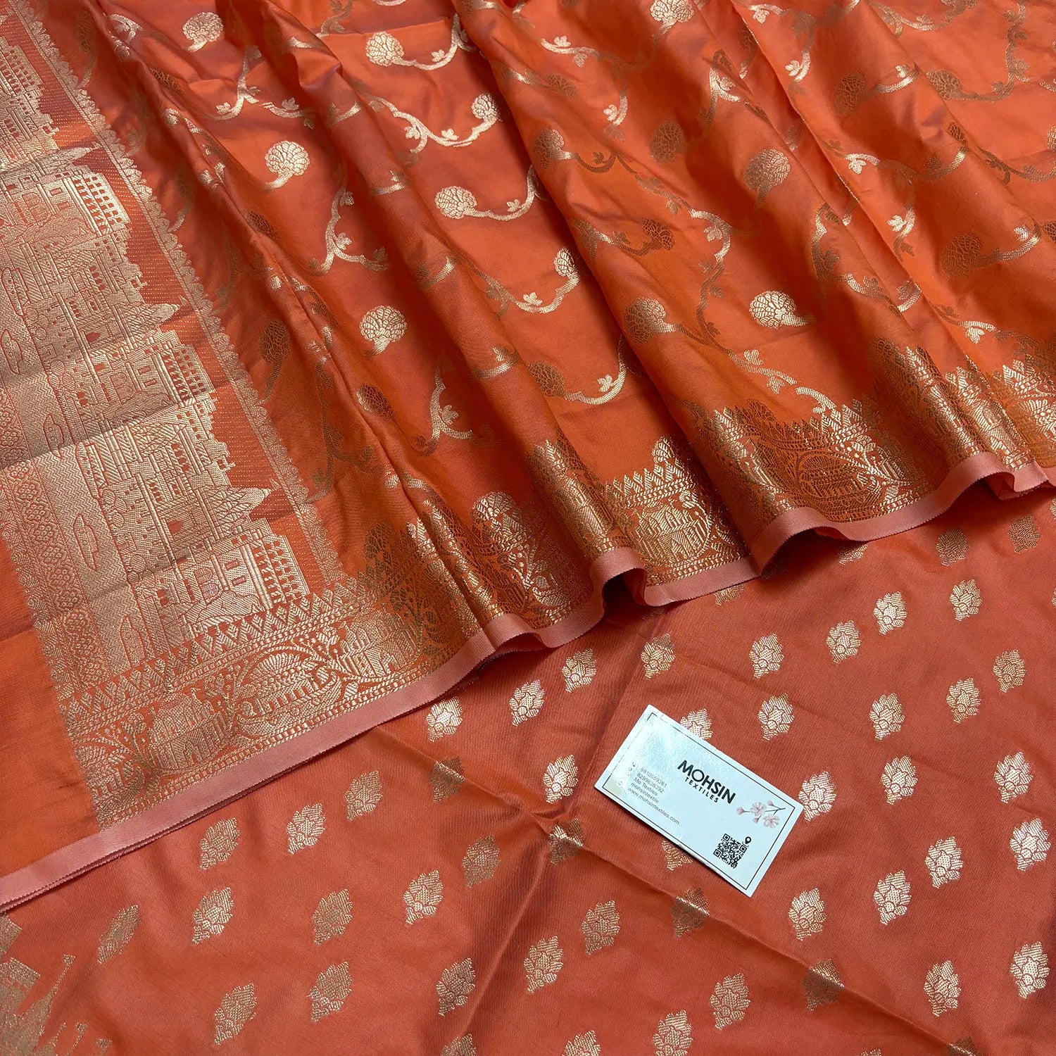 Orange Assi Ghat Mandir Semi Katan Silk Banarasi Suit
