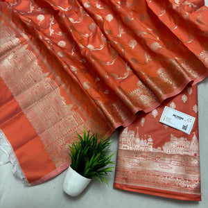 Orange Assi Ghat Mandir Semi Katan Silk Banarasi Suit
