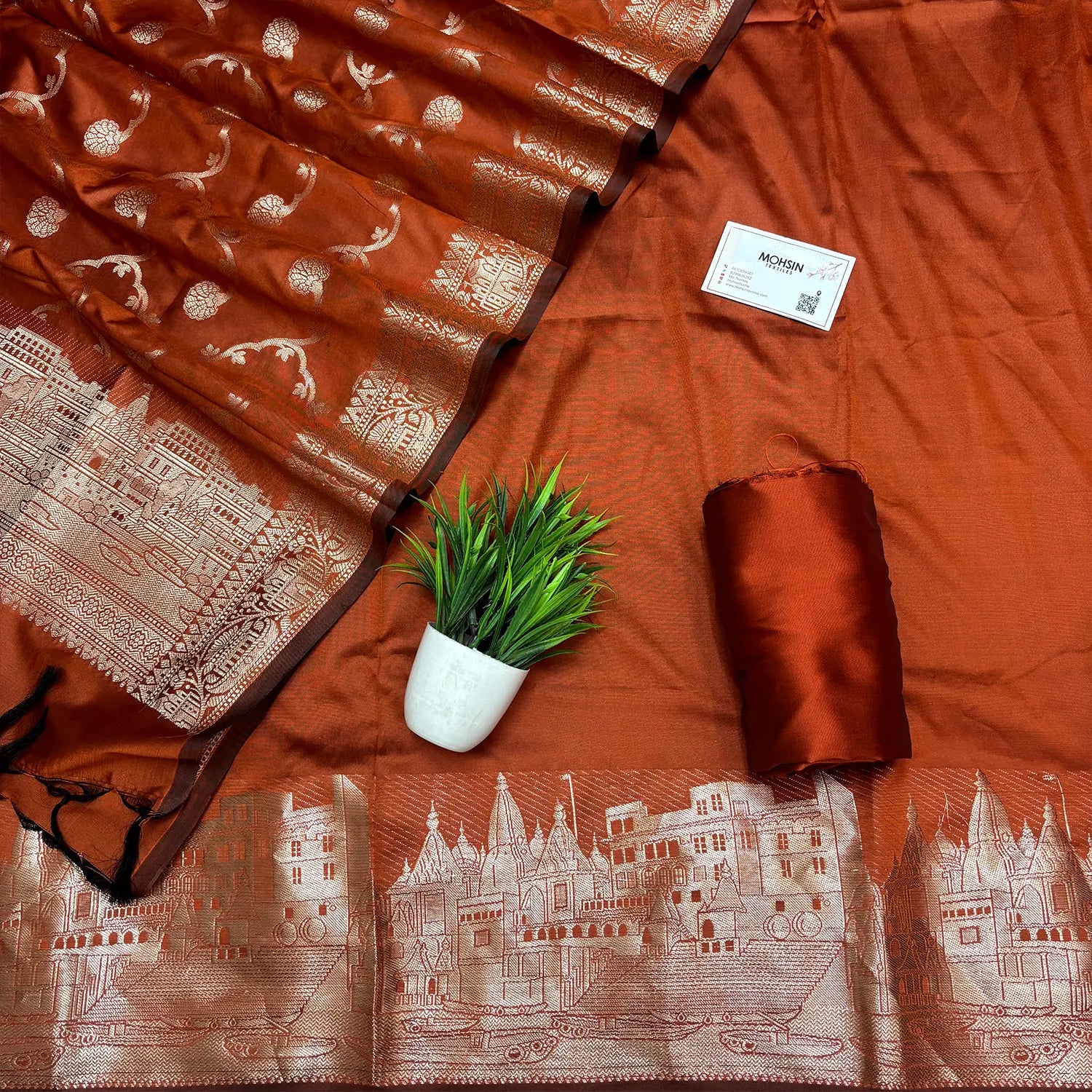Orange Assi Ghat Plain Semi Katan Silk Banarasi Suit