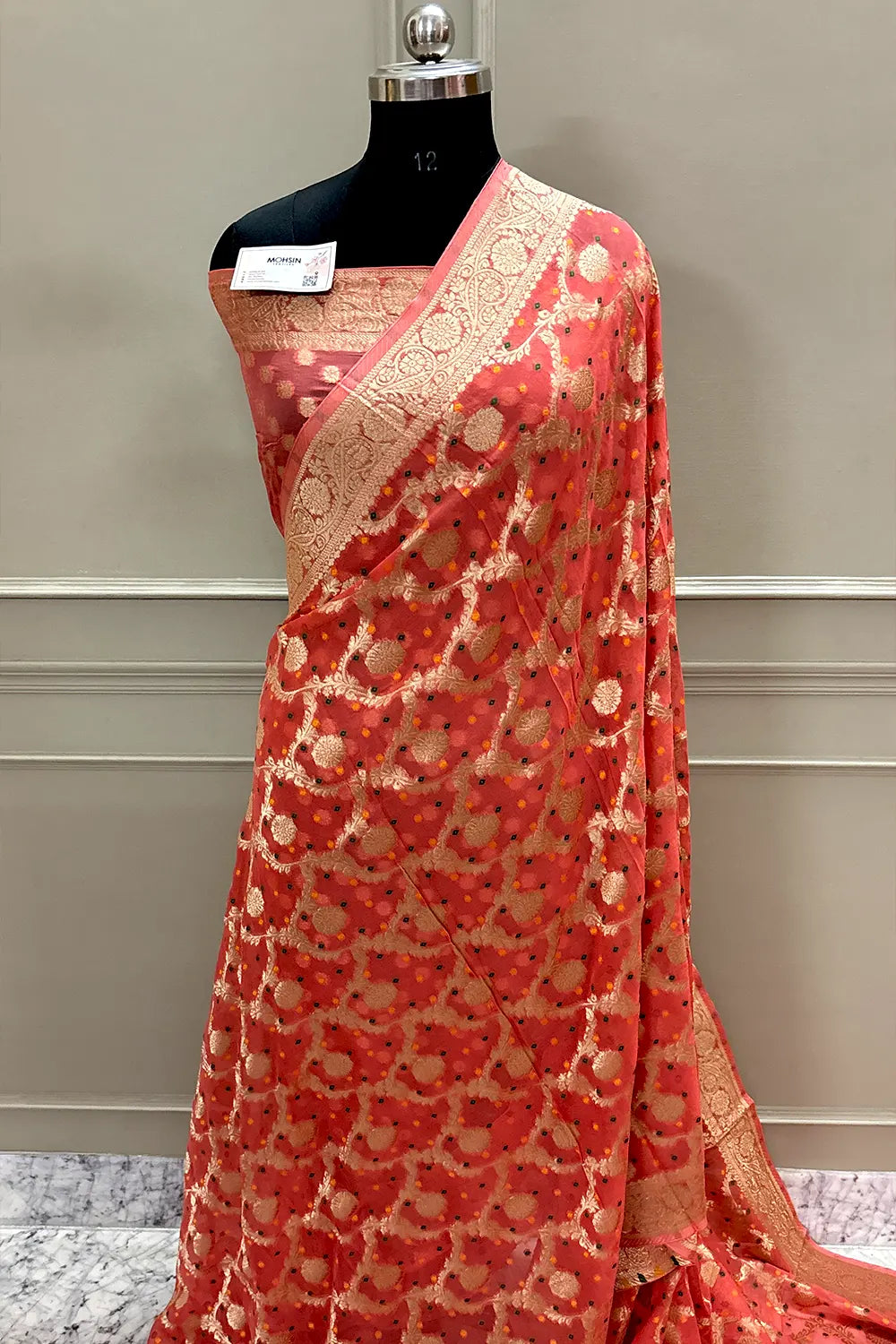 Orange Bandhej Georgette Silk Banarasi Saree