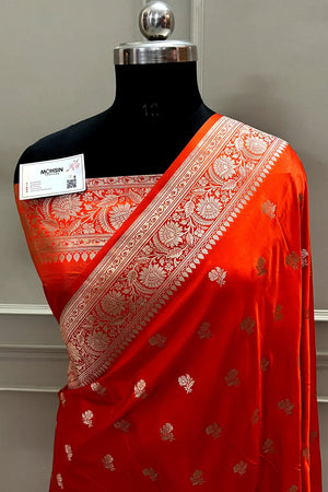 Orange Chaman Buti Katan Mashru Silk Banarasi Saree