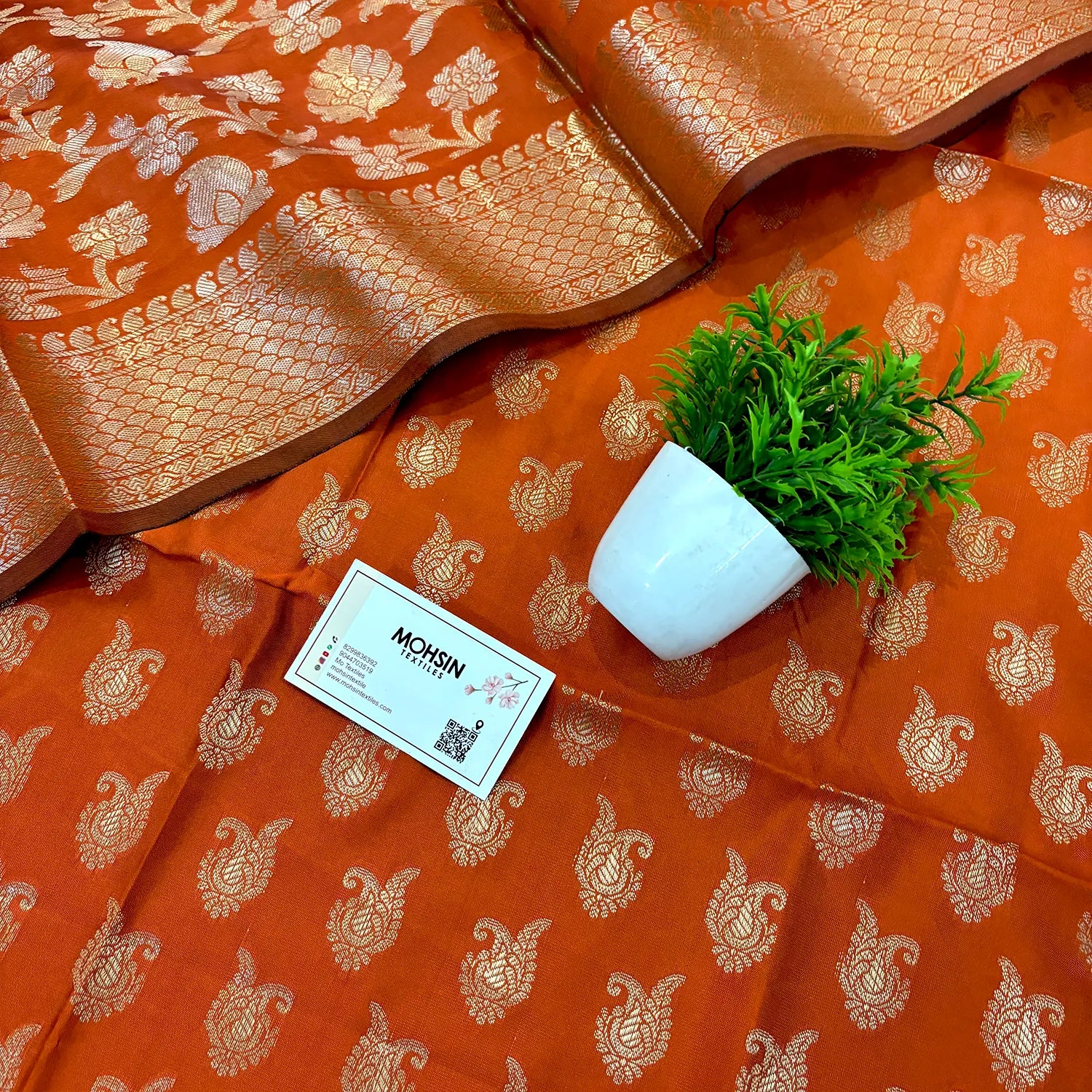 Orange Chirag Buti Satin Silk Banarasi Suit