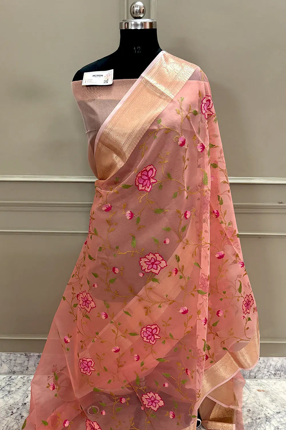 Orange Embroidery Net Banarasi Saree