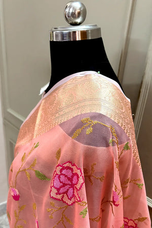 Orange Embroidery Net Banarasi Saree