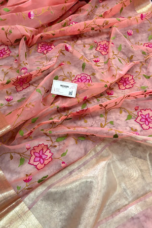 Orange Embroidery Net Banarasi Saree